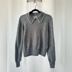 H&M Grey Crewneck Sweater with Pearl-Trim Collar